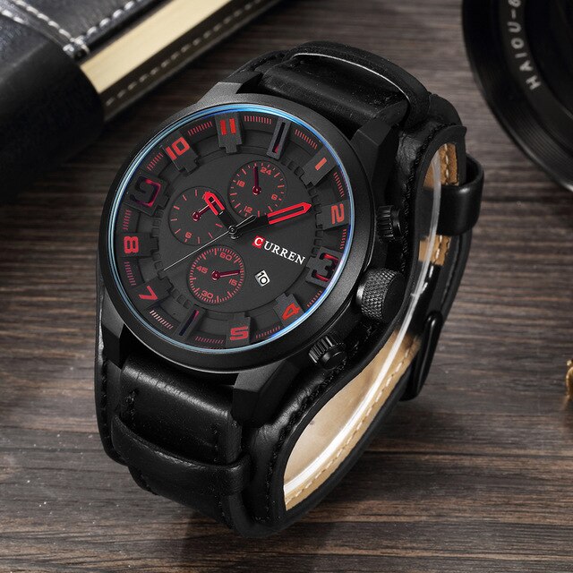 Hommes montres CURREN Top de luxe hommes nouvelle Sport horloge mâle armée en cuir analogique Quartz montre-bracelet Relogio Masculino: Black Red
