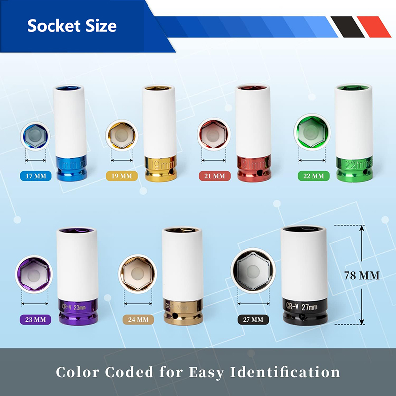 1/2" Drive Lug Nut Socket Set Wheel Socket Set Impact Lug Nut Socket Set Thin Wall Lug Nut Socket Set with Colored