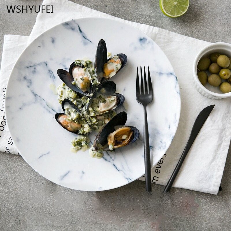 Marble Stripe Large Round Ceramic Plate Western Steak Pasta Salad Fruit Dessert Cake Storage Tableware