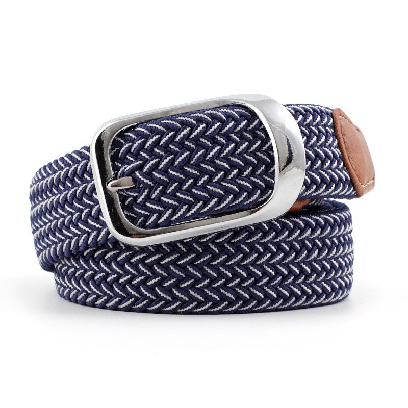 Menn kvinner elastisk belte lerret nylon tøyelig flettet belter til jeans nålspenne fargerik strikket webbing stropp rem: Blå hvit