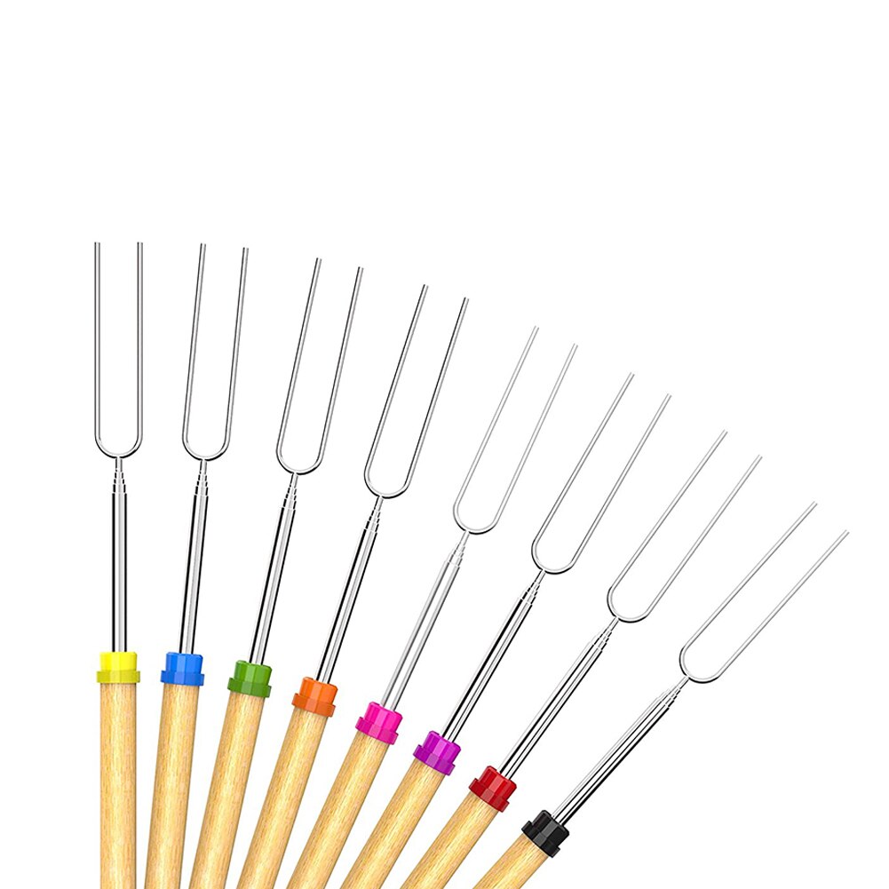 Juego de 8 Uds de palos BQ de acero inoxidable de 32 pulgadas con bolsa de tela, mango de madera, palos de asado telescópicos, herramienta de Picnic para barbacoa de Camping