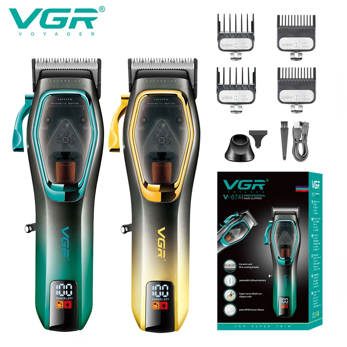 Vgr hårklipper hårtrimmer 9000 o/min hårklippemaskin justerbar barber hårklipp led trimmer for menn v -674