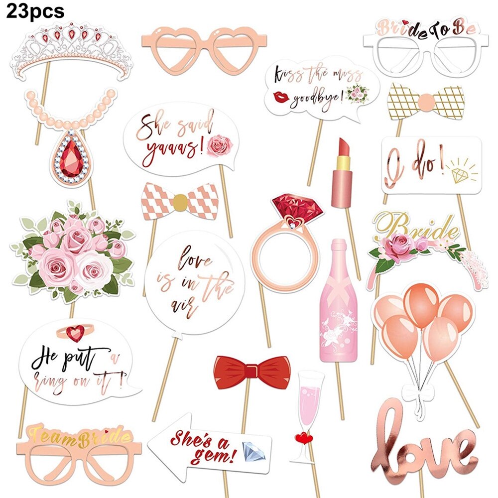 23Pcs Hen Party Photo Booth Props Team Bride Selfie Props Rose Gold Wedding Bridal Shower Hen Night Do Party Game Accessories