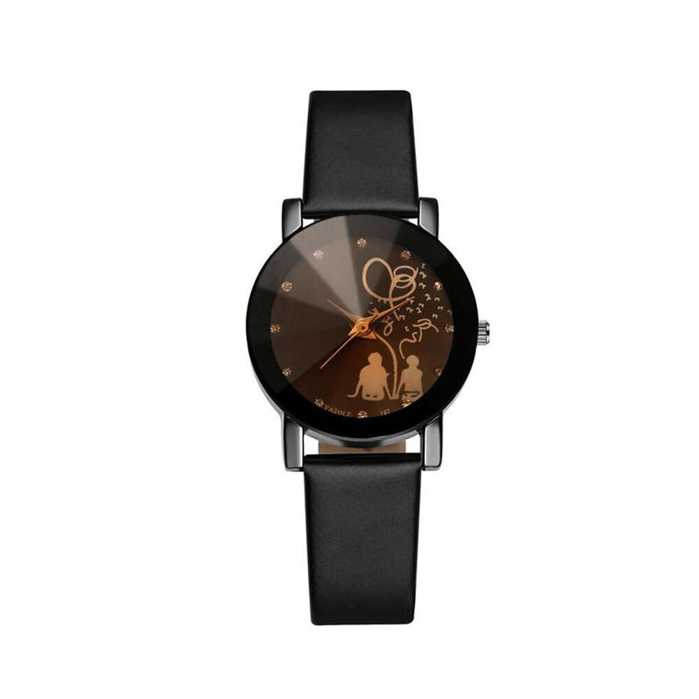 Couple Watch Female Quartz Watch Male Lover Wristwatch Back Rhinestone Faux Leather Analog Quartz Wrist Watch часы парные: Black Women