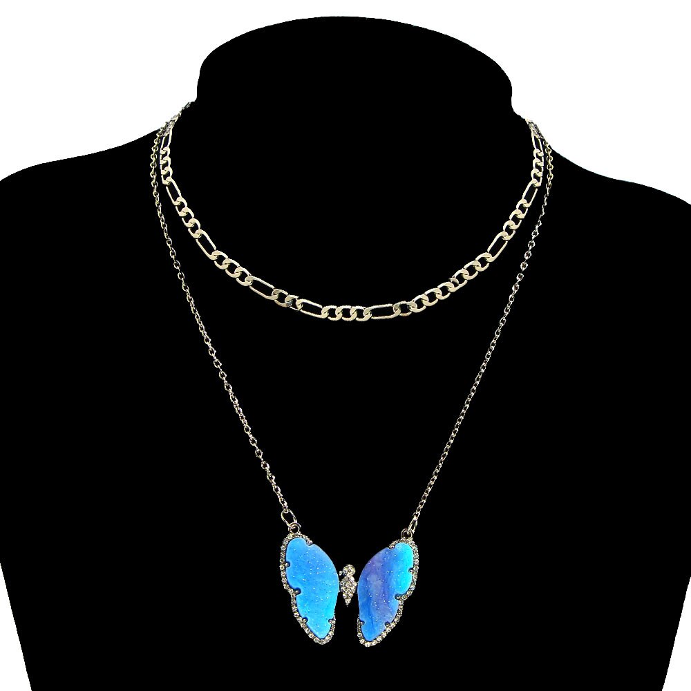 Flatfoosie Trendy Big Butterfly Crystal Pendant Necklace For Women Gold Silver Color Multi-layer Choker Necklace Hip-hop Jewelry: 030904SL