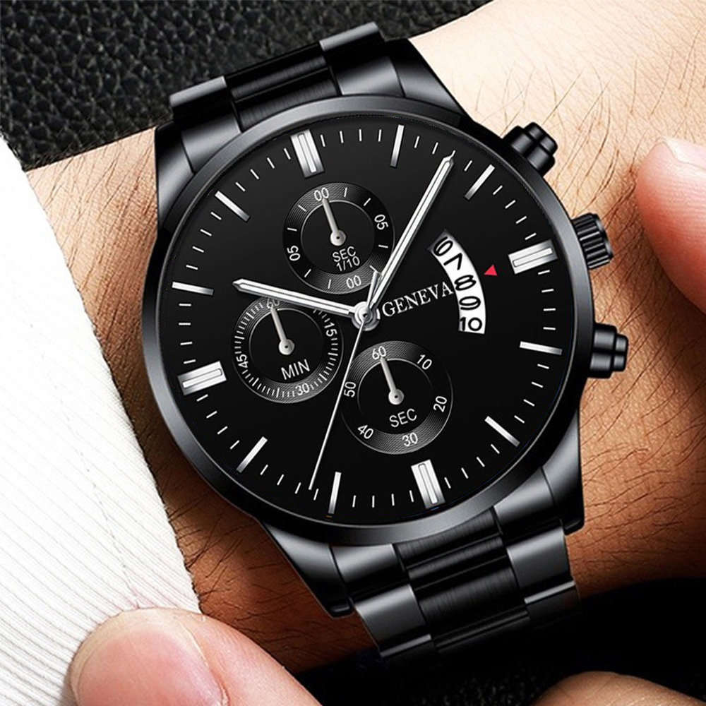 3 unids/set de reloj de pulsera de acero inoxidable a la para hombre, reloj de cuarzo con calendario informal, conjunto de joyería (sin caja)