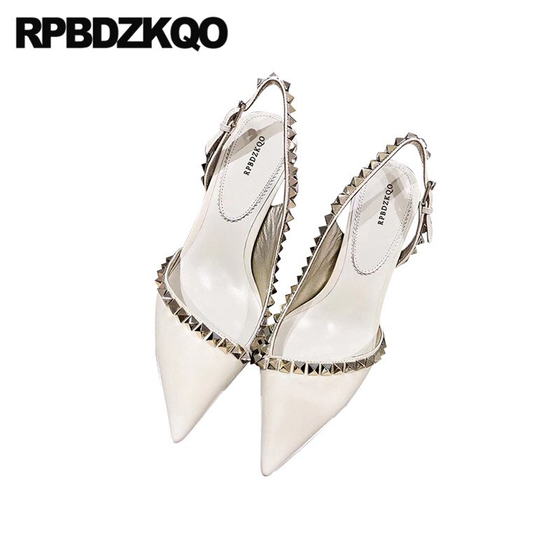 Pumps spetsad tå dam beige höga klackar märkesskor dam stud metall storlek 4 34 nit slingback tunn 3 tum