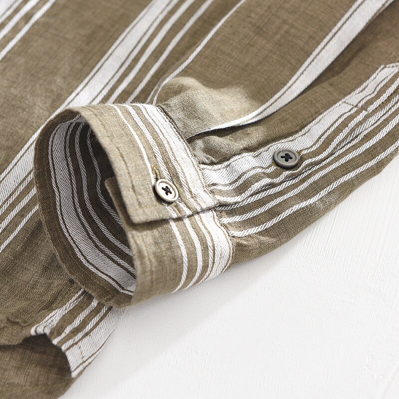 Retro overhemd voor heren zuiver linnen ademend gestreept mandarijnkraag casual gml 03-1937