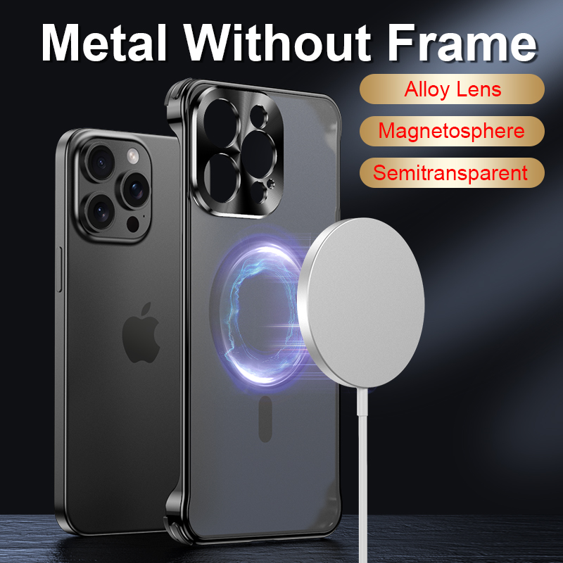 Metal Frameless Fall Protection Case Magsafe matte Wireless Charging Case For iPhone 15 14 13 Pro Max Series Magnetic Phone Case