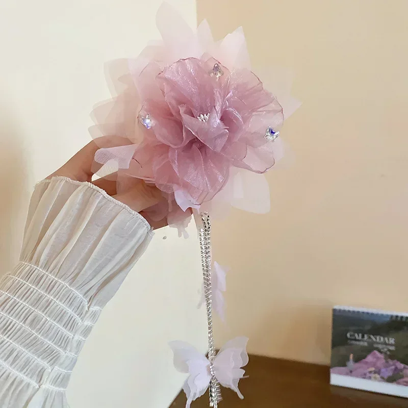 Fleurs de gaze rose strass papillon longue frange requin griffes de cheveux pour les femmes Super fée douce Fairycore accessoires