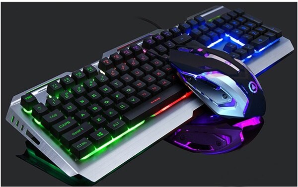 Wrangler V1 Suspended Keycap USB Wired Ergonomic Backlit Gaming Keyboard and Mouse Set ,Mechanical Feel,Aluminium Alloy Panel: Black Mixed Light