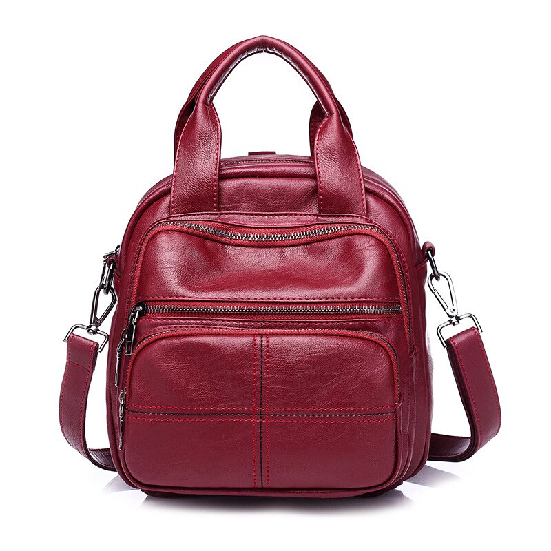 Plusieurs fermetures à glissière et plusieurs poches Vintage femmes en cuir sac à dos multifonction Portable femmes épaule loisirs sacs de créateurs: Red wine