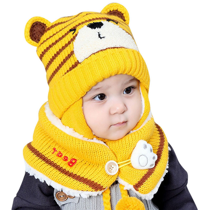 Unisex børn tegneserie bjørn stribe hatte og tørklæde baby kasket sæt pige dreng kasket tørklæde sæt barn vinter ørebeskyttere hat tørklæde varm dragt: Gul