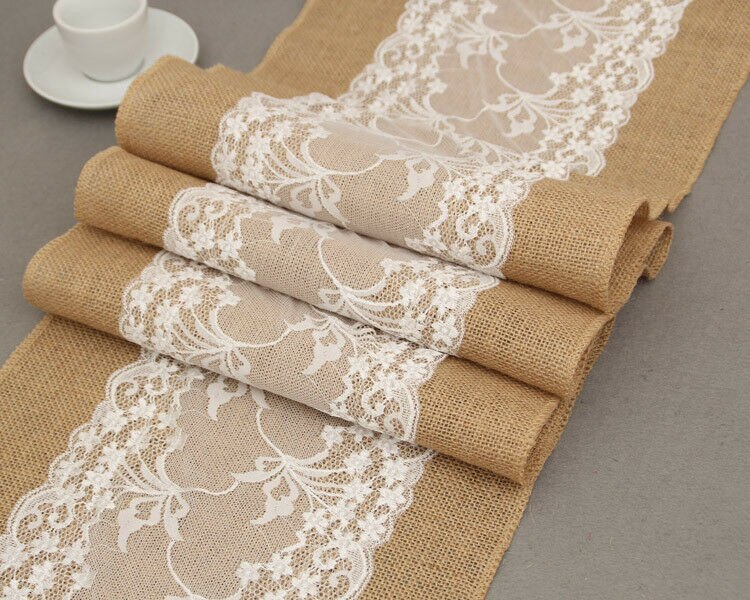 Vintage hvid jul blonder jute linned hessian burlap country event fest leverancer bryllup dekoration bordduk løber