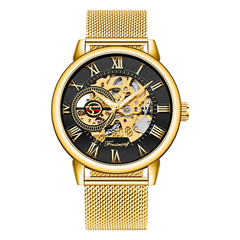 Mode FORSINING Mannen Mechanisch Horloge Mannen Blauw Volledige steel Skeleton Hand wind Bedrijvengids Horloge Relogio Masculino: gold