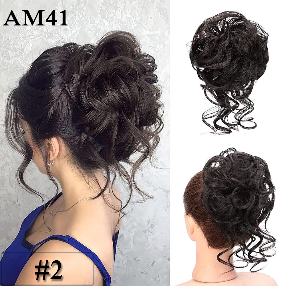 LiHui moño sintético, banda con rizos desordenados, pinza elástica para el pelo, pieza de peluca, pinza para el pelo para mujer, negro y marrón
