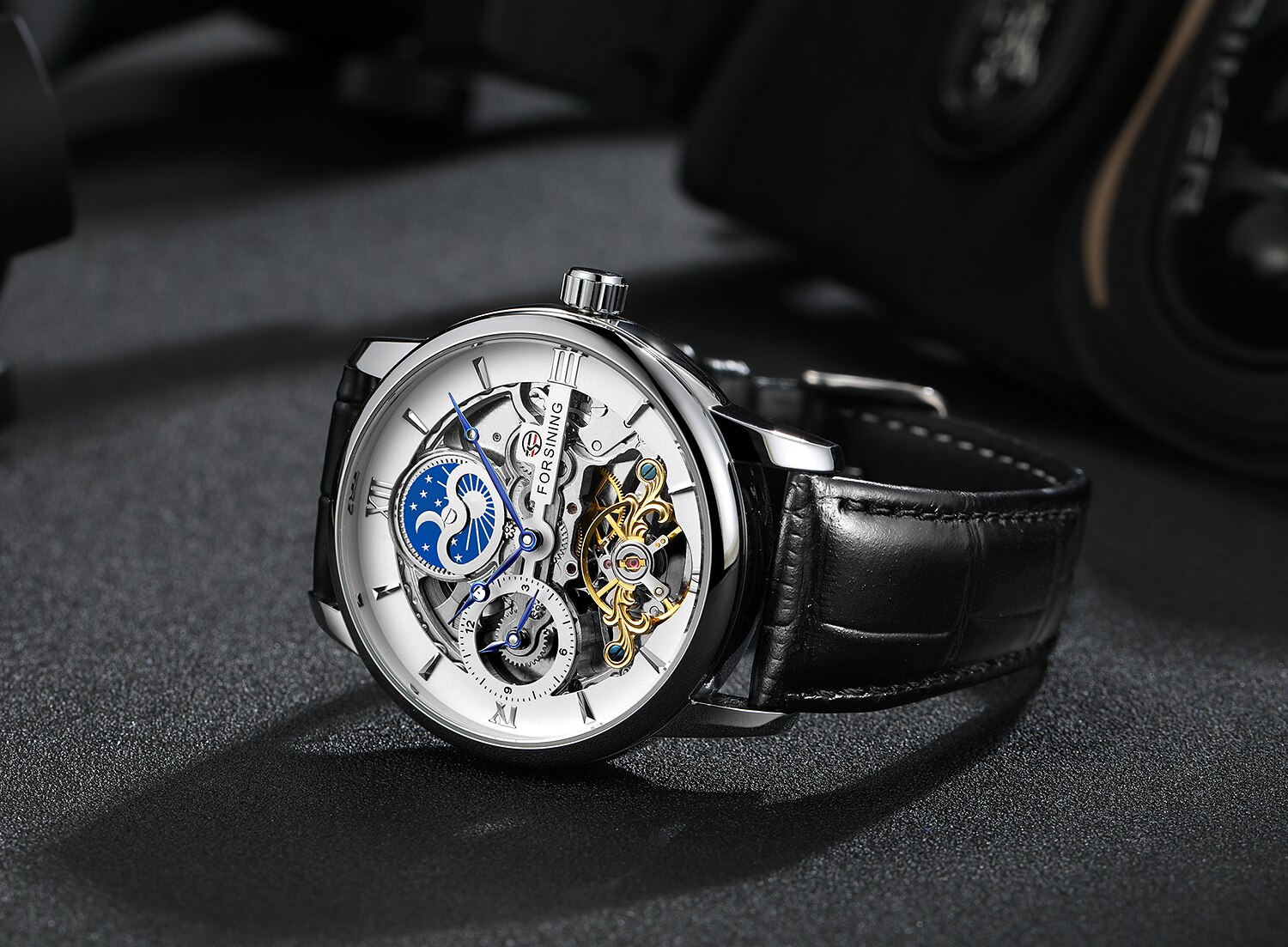 Forsining Klassieke Mode Maanfase Mechanische Horloges Automatische Tourbillon Heren Lederen Horloge Relogio Masculino