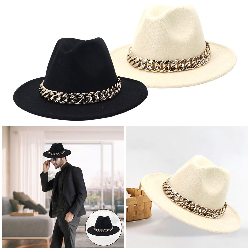 Wide Brim Fedora Hat with Gold Chain Wide Brim Thick Panama Classic British One Size for Women Travel Gentleman Ladies