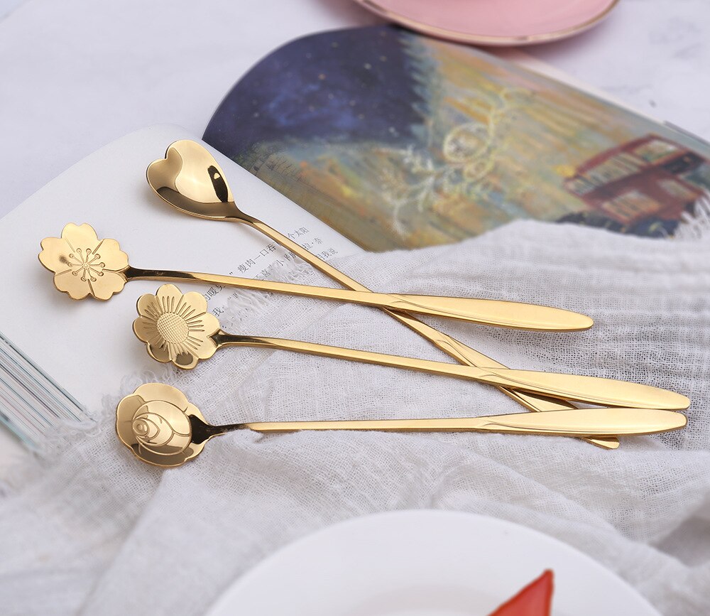 Gouden Bloem Scoop Japanse Roestvrij Staal Thee Prachtige Vergulde Lepel Roer Kleine Dessert Lepel Koffie Lepel