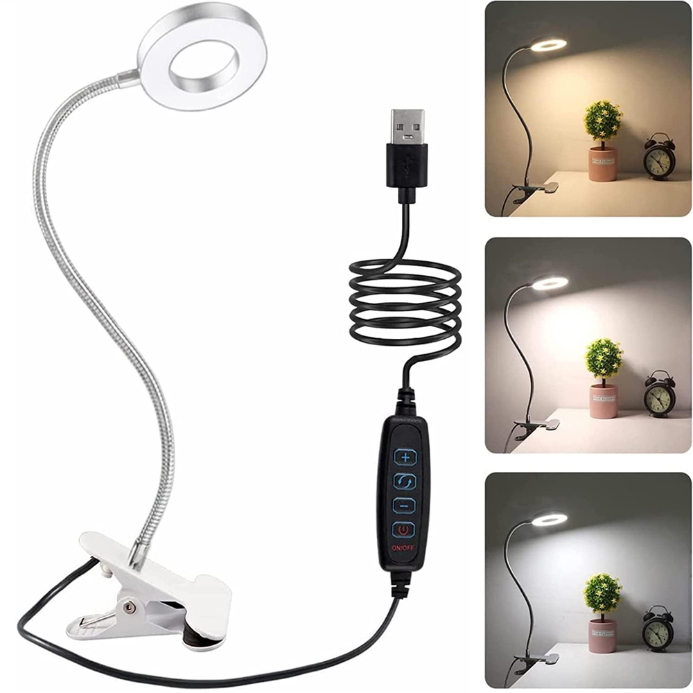 LED-leeslampen 360° ° Flexibele zwanenhals dimbare tafellamp clip op binnenslaapkamer oogbescherming bureaulamp boekklemlamp: Zilver