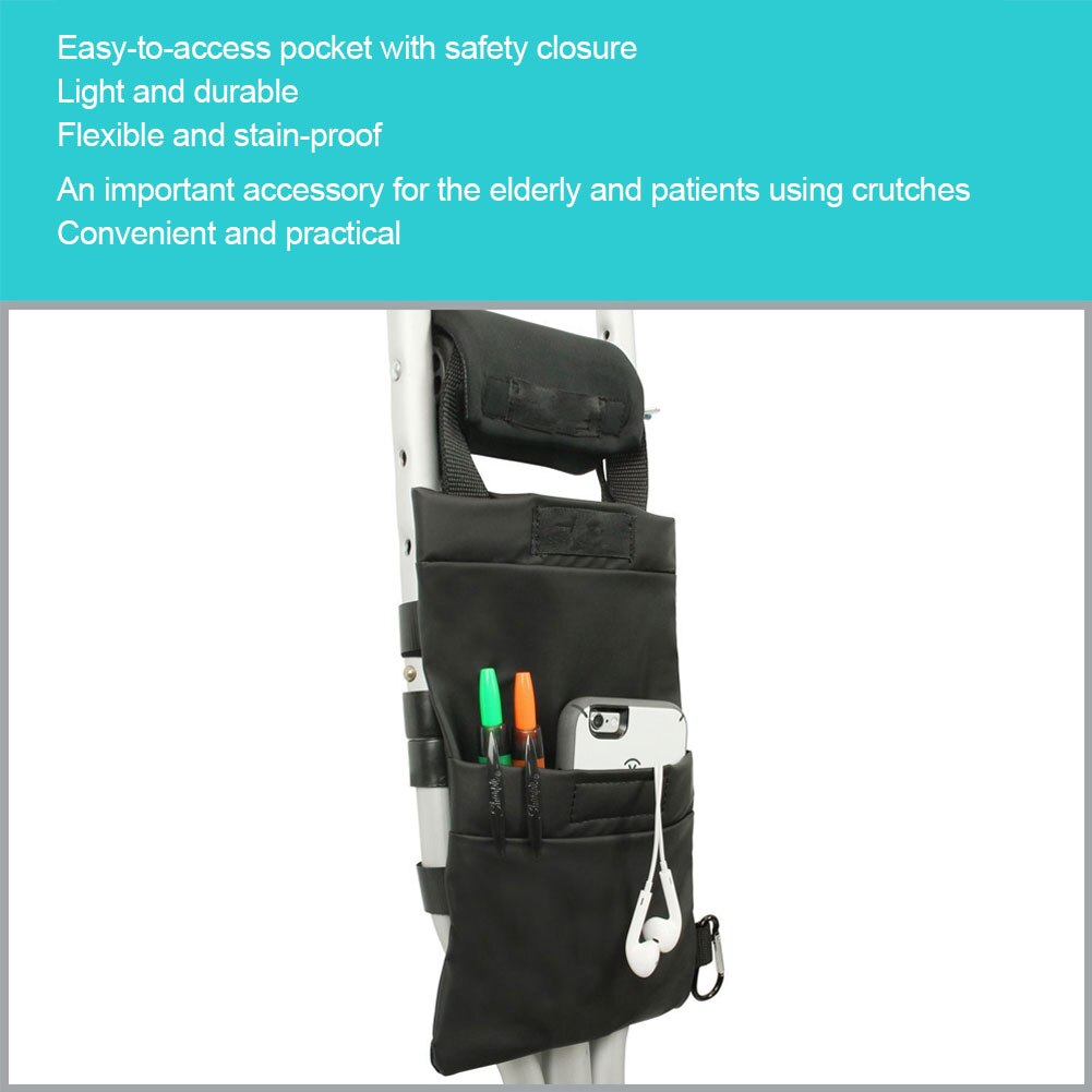 Patient ældre krykke pose opbevaringslomme underarm brudt ben krykke tilbehør sort justerbar bælte krykke hængende tasker