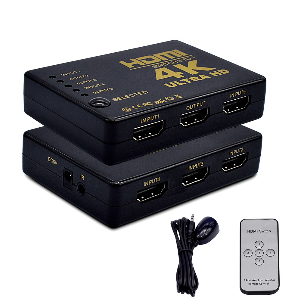 Hdmi splitter kabel 4k hd 1080p 5 ind i port mini switcher med ir fjernbetjeningsvælger til hdtv dvd tv xbox  ps3/4 z2 laptop