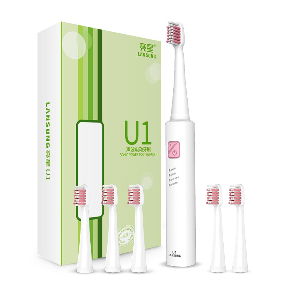 Lansung Schall- Elektrische Zahnbürste Ultra Schall- USB Aufladbare Erwachsene Zahnbürste Clever 4 Zahnbürste Köpfe Austauschbare Bleichen: U1 Weiß Rosa 6 Kopf
