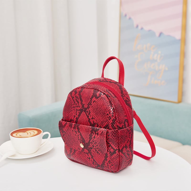 Women Ladies Snakeskin Pattern Backpack Ladies Stylish Small Zipper Purse Casual PU Satchel for Travel Shopping