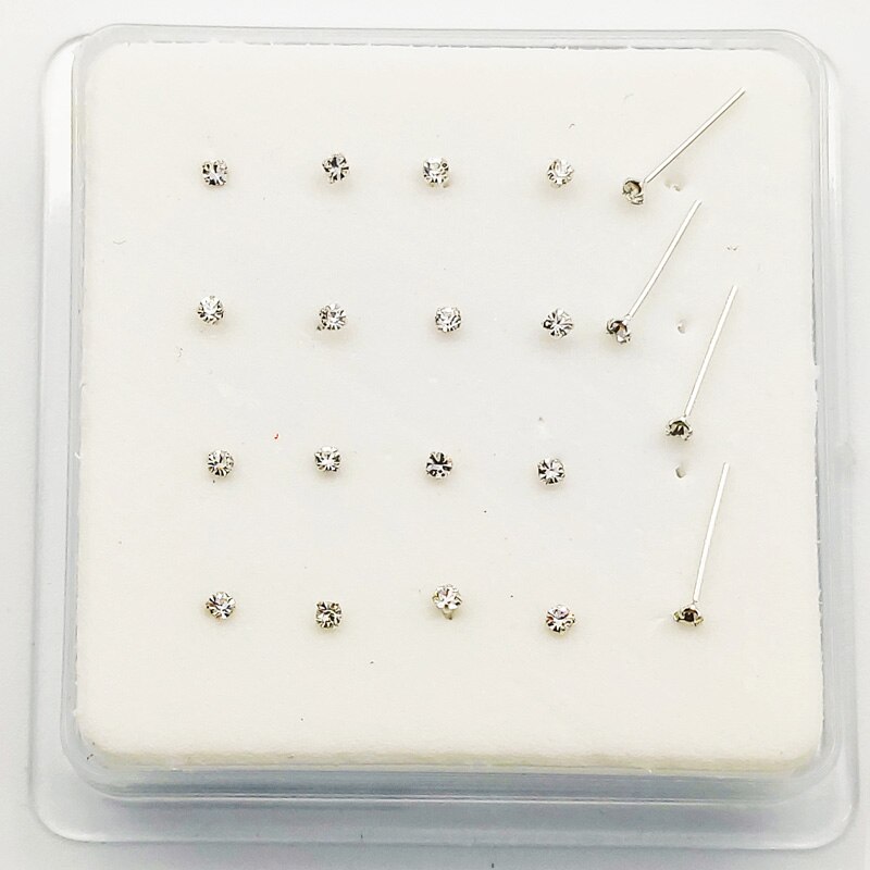 925 Sterling Zilveren Neus Pin Met 1.8 Mm Clear Crystal Kleine Neus Stud Piercing Sieraden 20 Stks/pak: silver straight end