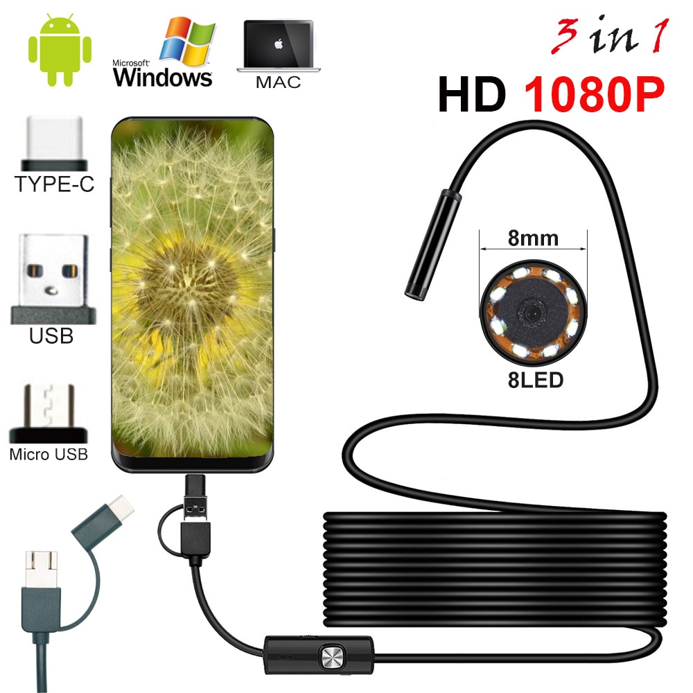 8mm Endoscoop Camera 1080 P HD USB Endoscoop Met 8 LED 1/2/5 M Flexibele kabel Waterdichte Inspectie Borescope voor Android PC