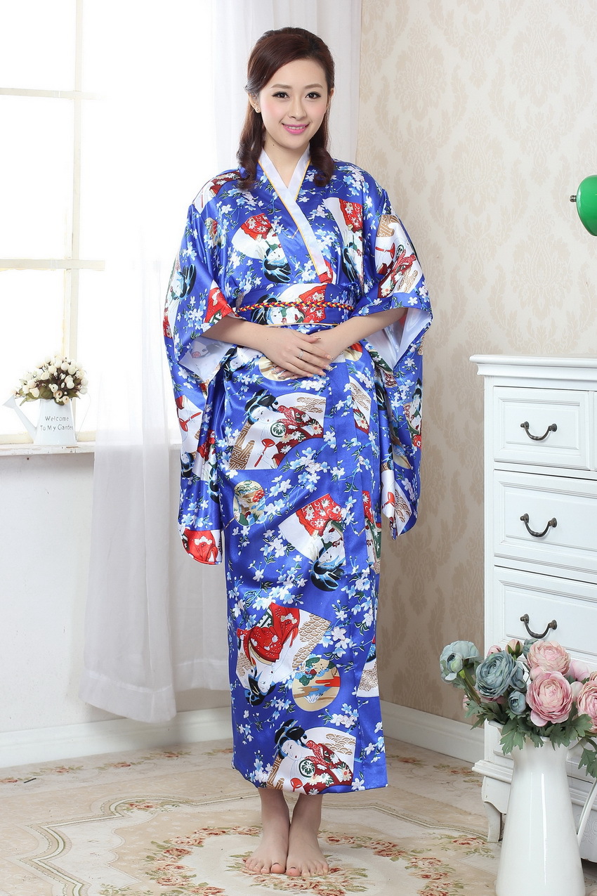Robe Kimono en Satin bleu Royal chinois