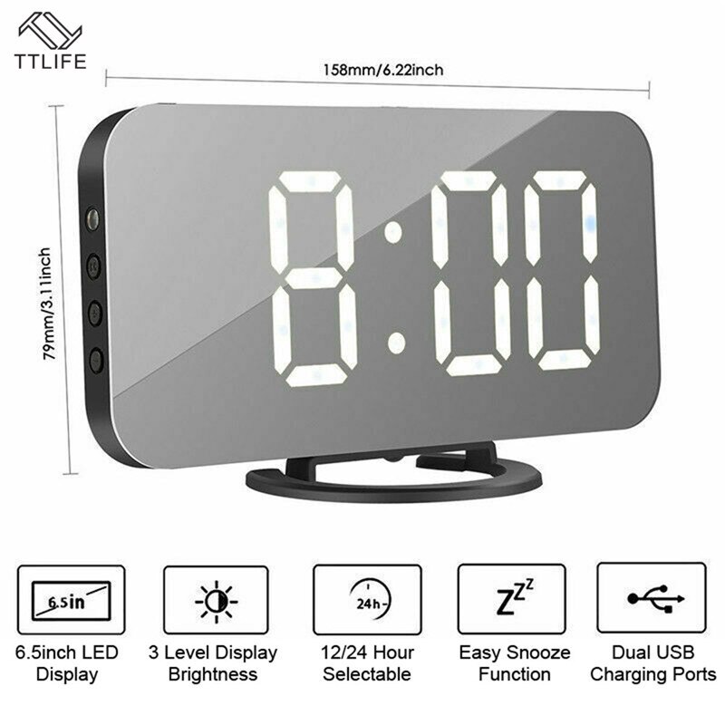 Electric Digital Alarm Clock Mirror LED Display Voice Control Multifunction Snooze Digital Table/Desk Clocks Words USB Charge