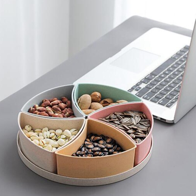Hvedestrå rund delt 5 rum candy snack organisator opbevaring serveringsbeholder fad fad med låg: Type 1