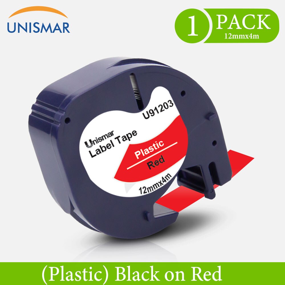 Unismar 1/2 "preto em fita de etiqueta de plástico transparente 12267 16951 16952 compatível para dymo lt etiqueta maker LT-100H plus LT-110T QX-50: Black on Red