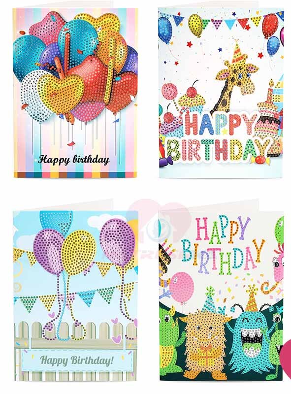 Cartes de vœux joyeux anniversaire diamant peinture | Rond 5d, kits de cartes de vœux, peinture diamant, broderie diamant, 13x18cm: Mix5 4pcs