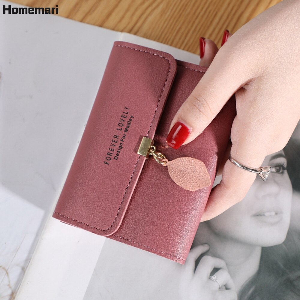 Homemari mulheres couro do plutônio carteiras femininas bolsas longas sacos de dinheiro folha telefone bolso senhoras carteira titular do cartão embreagem mujer 2021: Short-dark pink