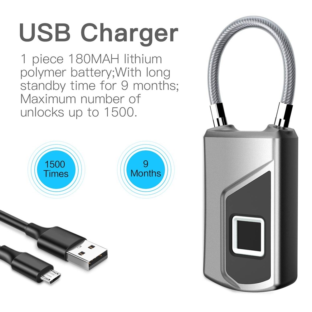 USB Rechargeable Smart Keyless Fingerprint Lock IP66 Waterproof Anti-Theft Security Padlock Gym Locker Luggage Suitcase Cabinet