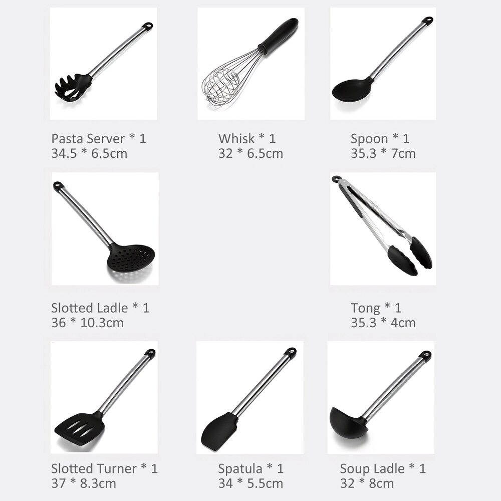 8pcs Kitchen Utensil Sets Stainless Steel Silicone Tong Spoon Spatula Whisk Strainer Cooking Tools Gadgets with Storage Bucket