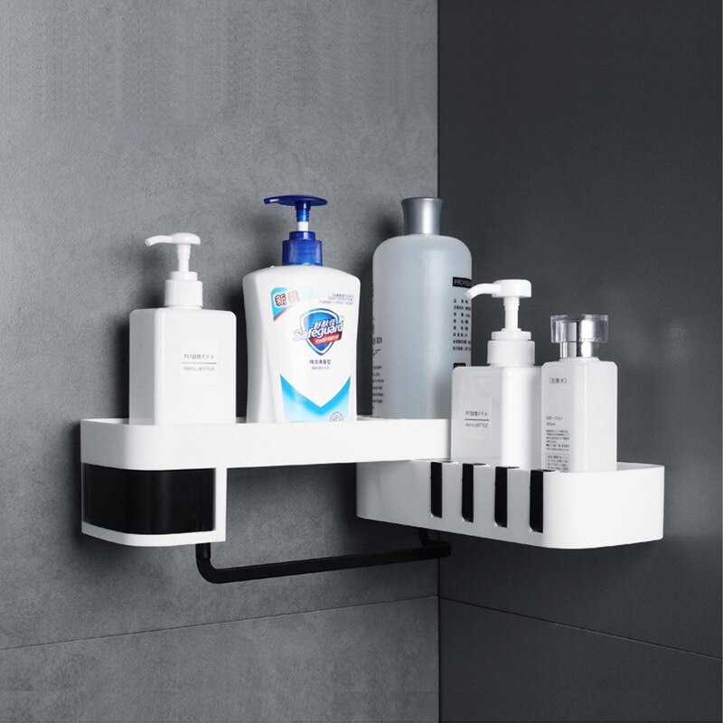 Hoek opbergrek badkamer keuken organizer douche plank wandmontage plastic zuignap houder prateleira almacenamiento: Wit zwart