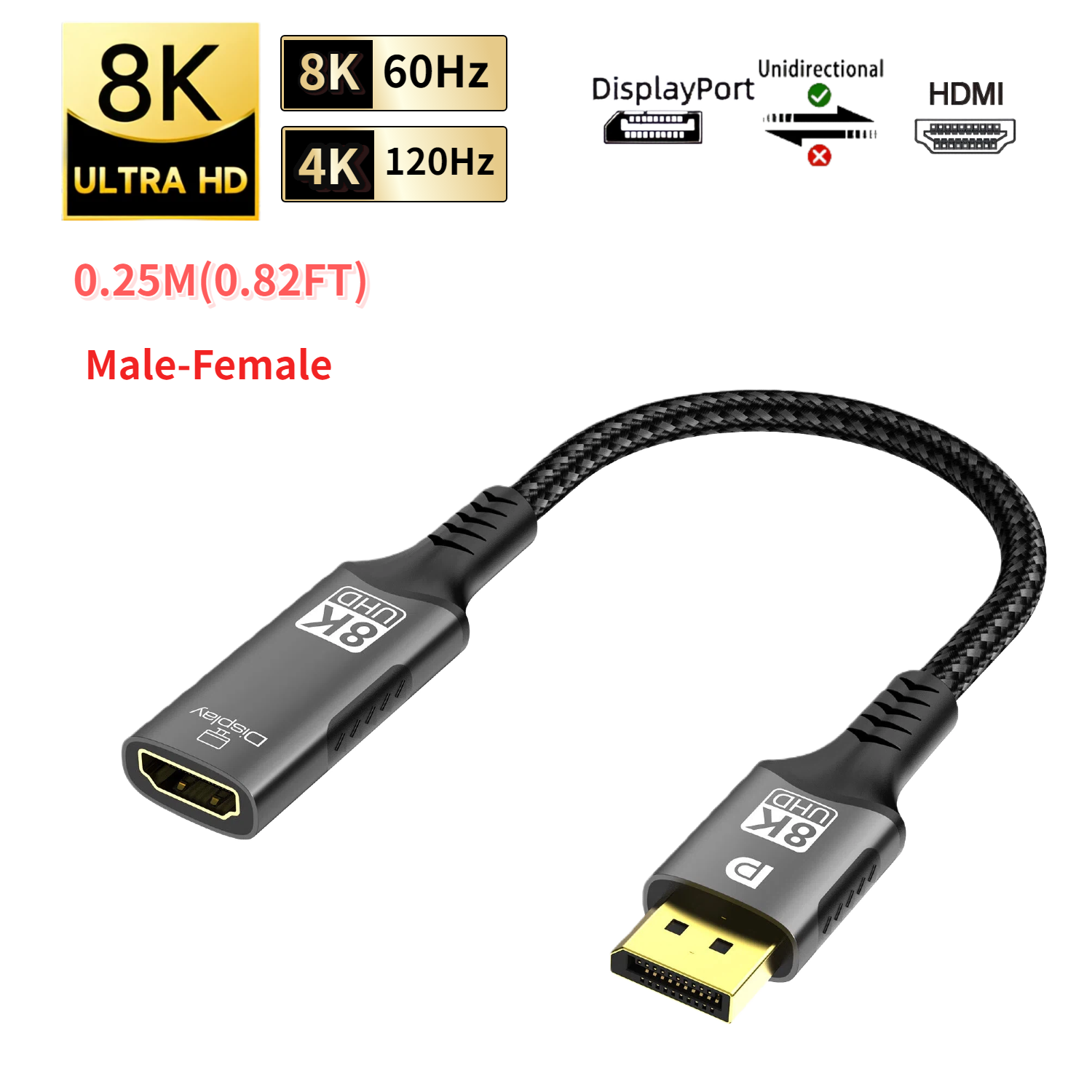 8K@60Hz DP1.4 to HDMI 2.1 Converter 4K@120Hz Ultra Speed 48Gbps Compatible Cable For Desktop Laptop PC TV Monitor Projector: Brown