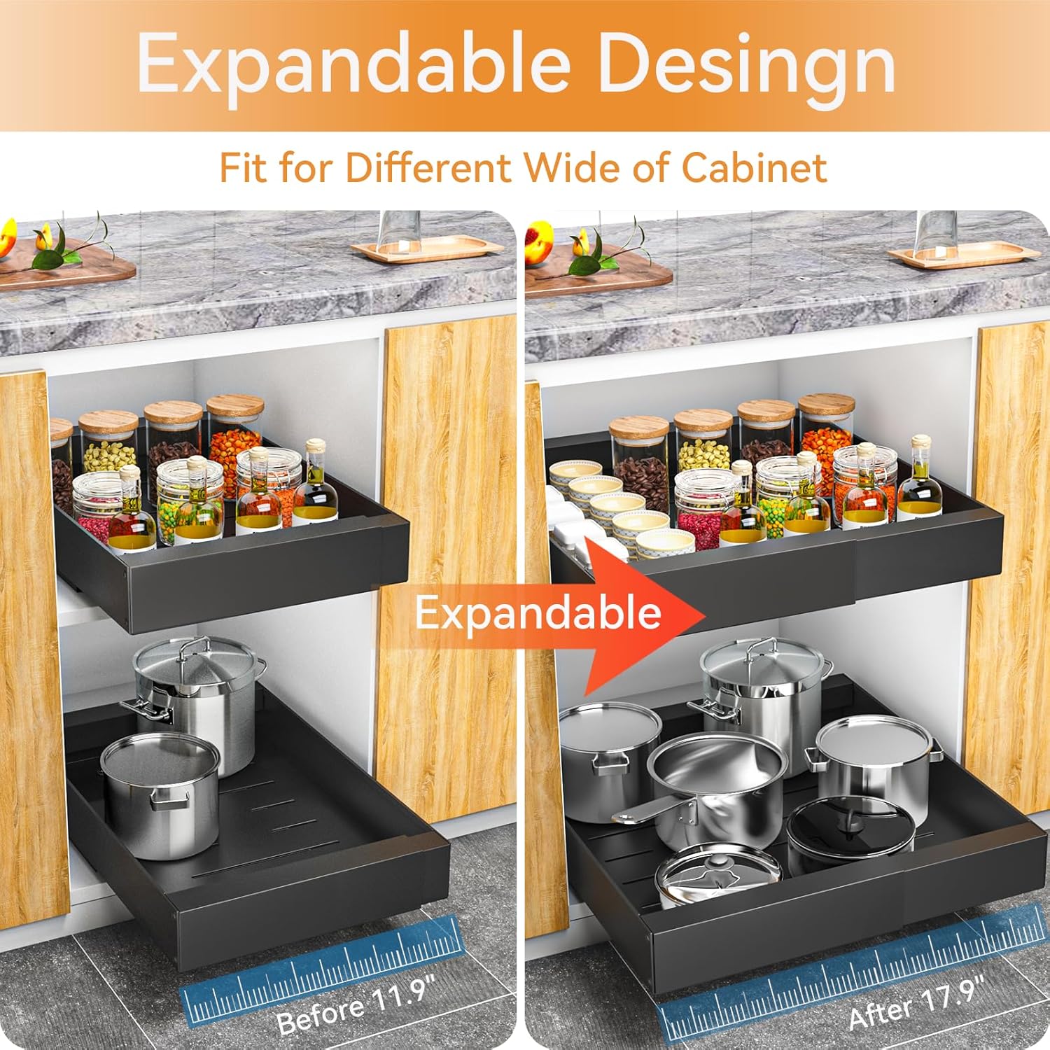 Organizador de gabinete extraíble expandible: estantes deslizantes profundos para gabinetes de cocina, despensa, baño