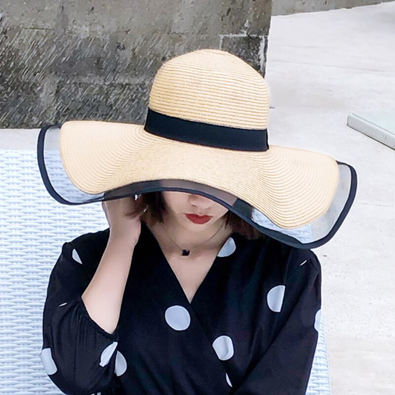 sol sombreros para las mujeres de ala ancha Floppy sombrero de paja de verano Bohemia playa tapa cinta sombrero negro