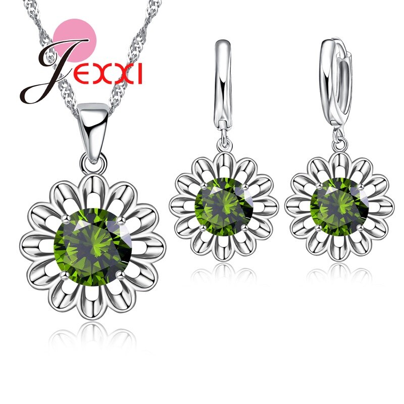 Zonnebloem Eeuwige Liefde 925 Sterling Zilveren Sieraden Set Voor Bruiloft Crystal Maxi Ketting Oorbellen Set Voor Vrouwen Bijoux: Green