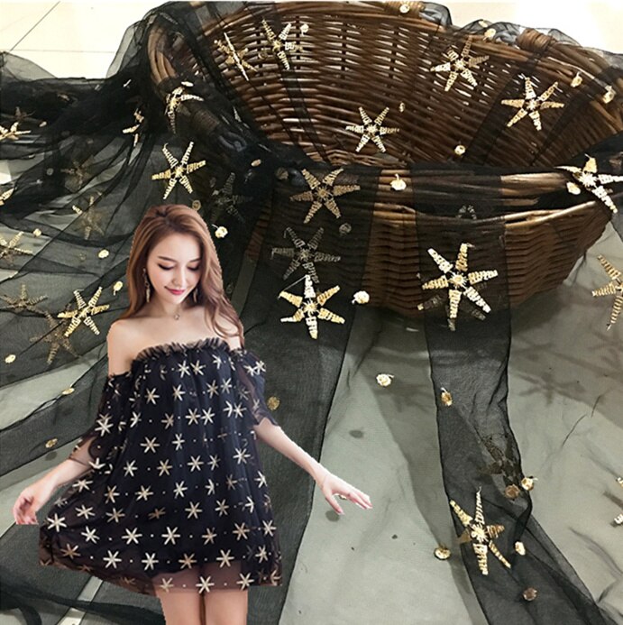 Mesh Chiffon lace fabric 3D gold stars embroidery fabric Transparent mesh fabric for dress DIY patchwork