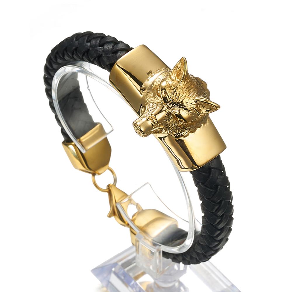 Vintage bijoux hommes garçons argent/or acier inoxydable breloque Animal loup tête Bracelet en cuir noir Bracelet Bracelet 15mm * 21cm