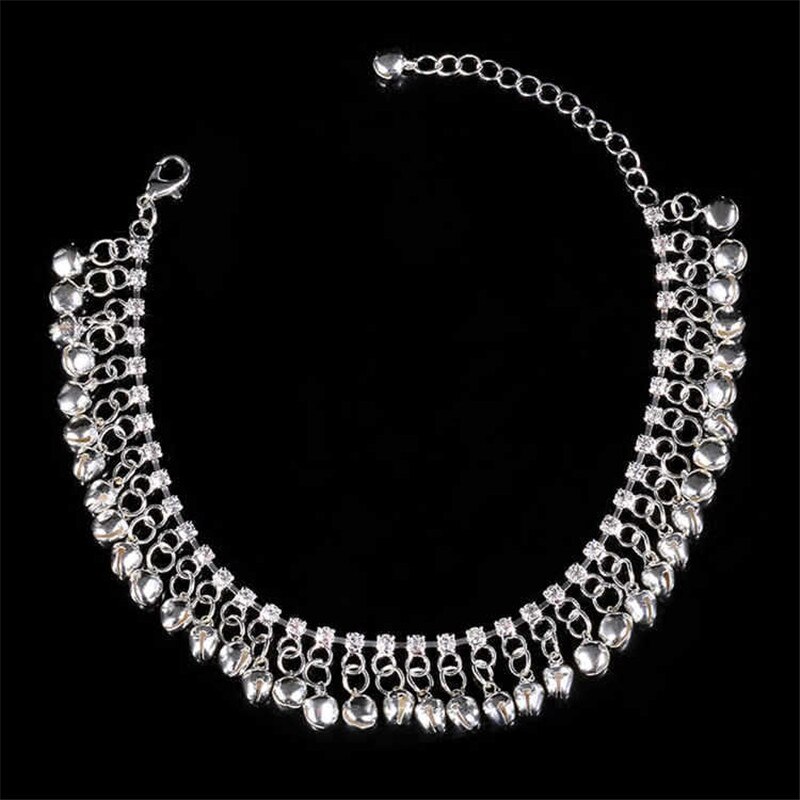 Tobillera étnica de Color dorado y plateado con borla para mujer y niña, pulsera para pie de playa, accesorios de joyería India: Silver