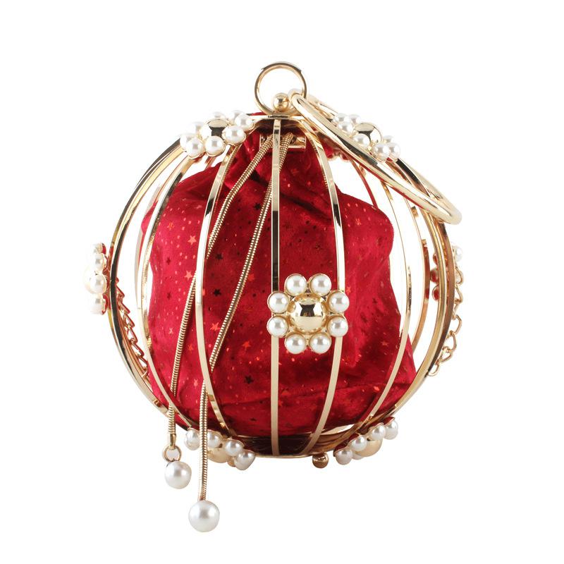 Bolso de noche de franela con cierre de jaula esférica para mujer, bandolera de noche con cierre de jaula esférica, de lujo, con perlas de color Beige y cristales: Rojo