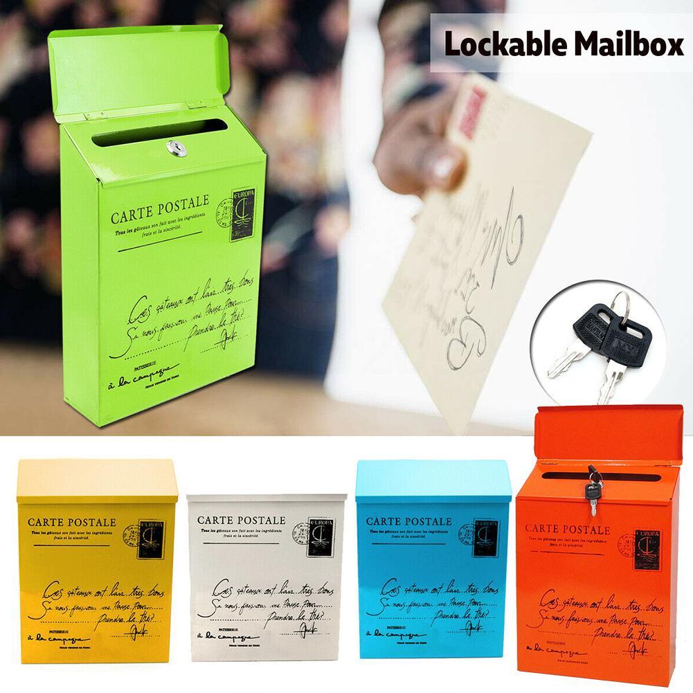 Iron Lock Letter Box Vintage Wall Mount Mailbox Mail Postal Letter Newspaper Box 30*23*6cm 5Colors