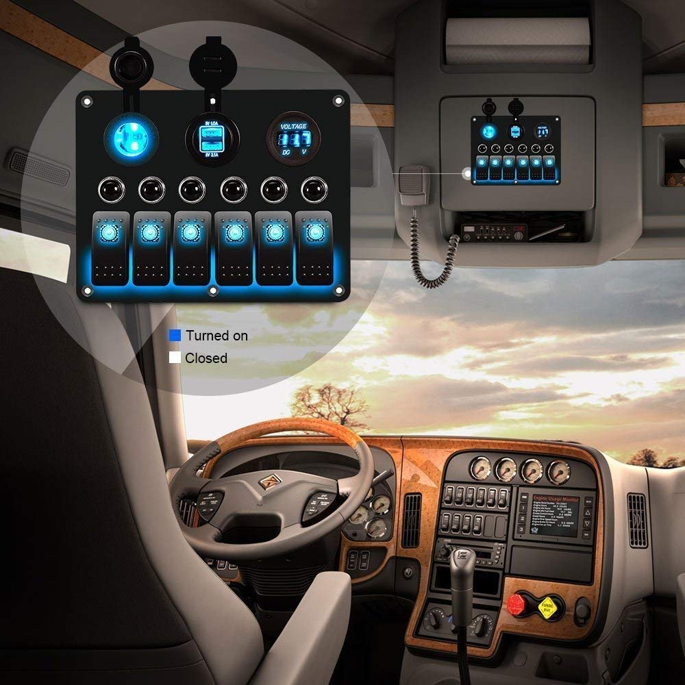 6 Gang Car Marine Boat Circuit RV LED Toggle Rocker Switch Panel Breaker Voltmeter with Fuse Double USB
