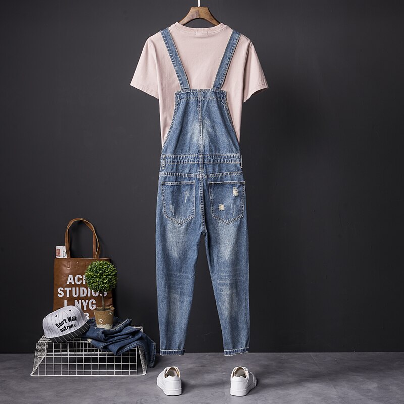 Heren Blauw Denim Bib Overalls Enkel Broek Slanke Casual Mode Pocket Jumpsuits Ripped Jeans Voor Man Plus Size s-3XL 4XL 5XL